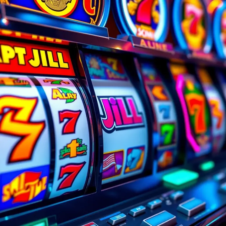Colorful Jackpot Jill pokies reels with vibrant symbols and a spinning jackpot feature