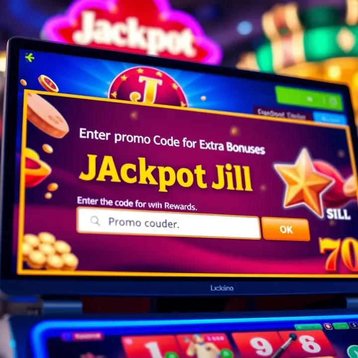 Screen displaying Jackpot Jill online casino interface with promo code entry field