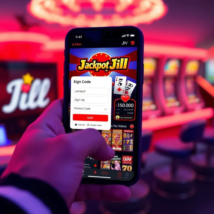Illustration of a mobile device showing Jackpot Jill sign up screen with promo code entry