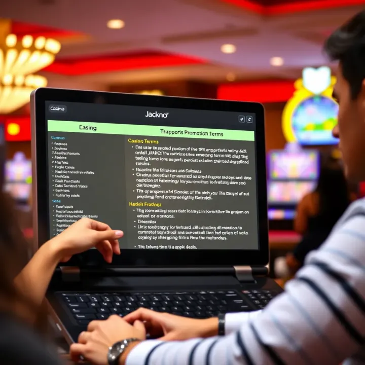 Understanding Promotion Terms and Maximizing Benefits at Jackpot Jill Detailed casino promotion terms and conditions displayed on a digital screen alongside a player using a laptop