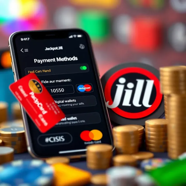 Secure payment options on a smartphone with symbols of credit cards and digital wallets next to Jackpot Jill app logo