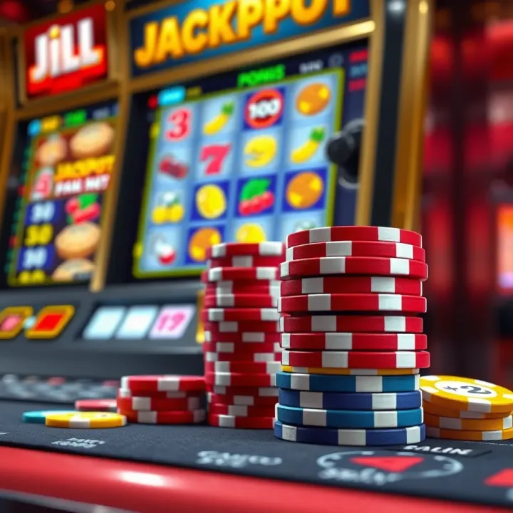 Colorful casino chips stacked next to digital jackpot slot machine screen