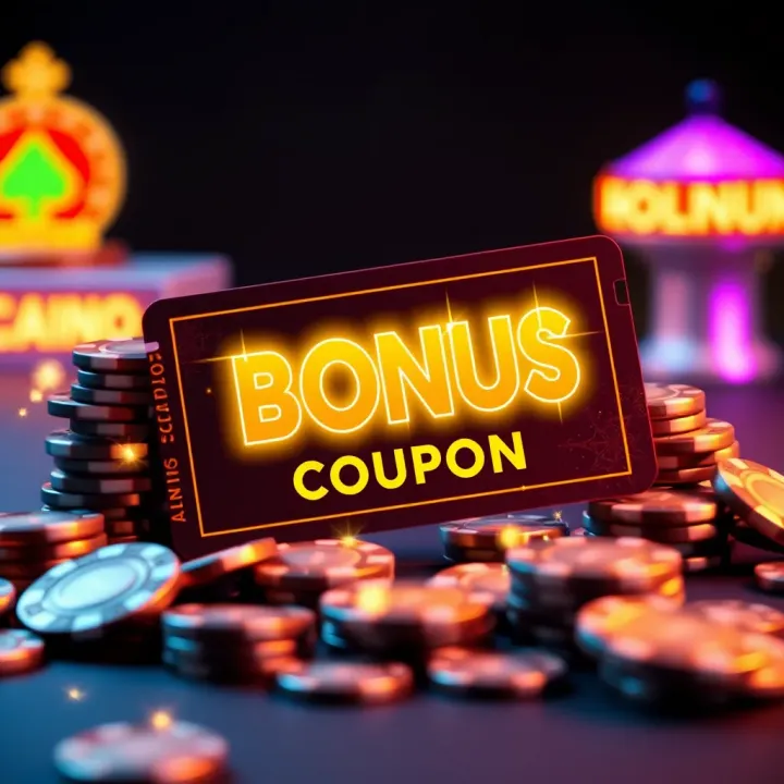 Glowing Bonus Coupon and Casino Tokens Highlighting Sign-Up Offer Illustration of a glowing bonus coupon surrounded by casino tokens and sparkles