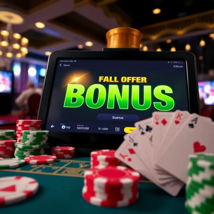 Exciting casino bonus offer displayed on a digital screen with chips and cards
