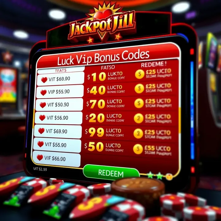 Types of Jackpot Jill VIP Bonus Codes and Redemption Graphic showing various VIP bonus code options with redeem button and lucky symbols