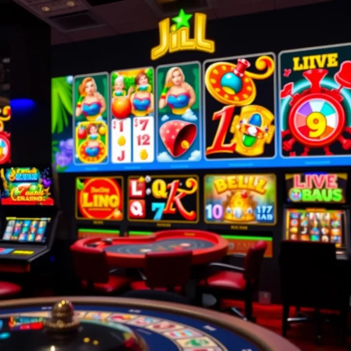 Diverse Game Selection at Jackpot Jill VIP Casino Colorful online casino dashboard showcasing a variety of slot games and live table games