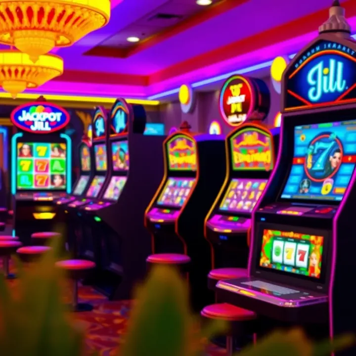 Colorful Jackpot Jill VIP Casino slot machines with bright lights and engaging game titles