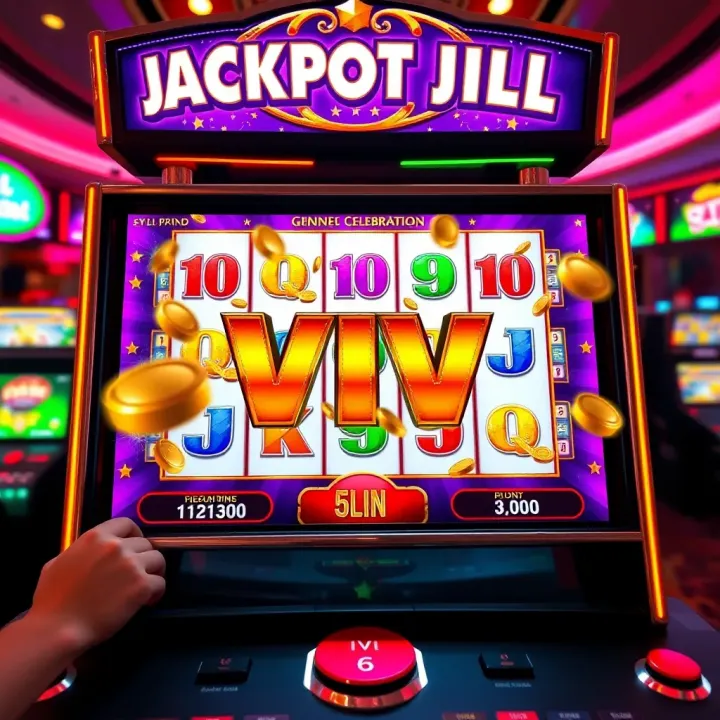 Jackpot Jill VIP Login Bonus Celebration Visual A vibrant digital slot machine screen featuring a jackpot win celebration with animated coins and stars