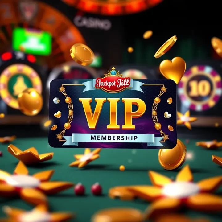 Illustration of Jackpot Jill VIP membership card surrounded by sparkling reward icons