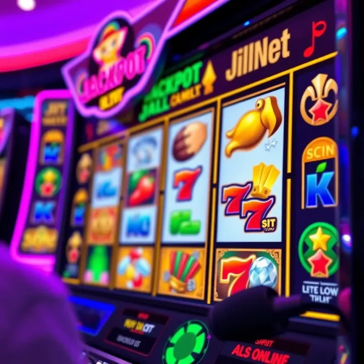 Colorful Jackpot JillNet online slot game interface showing reels and various symbols