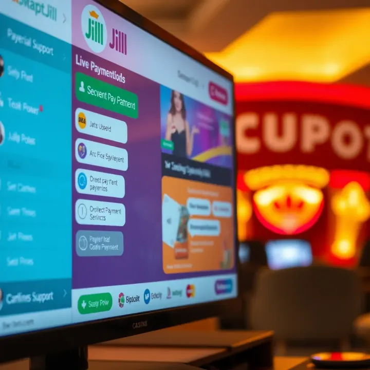 JackpotJill Live Payment Methods and Customer Support Online casino platform displaying secure payment options and customer support chat window
