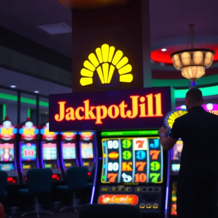 JackpotJill Casino Lobby Featuring No Deposit Bonus Promotion Bright slot machine screen showing JackpotJill logo with vibrant casino lights