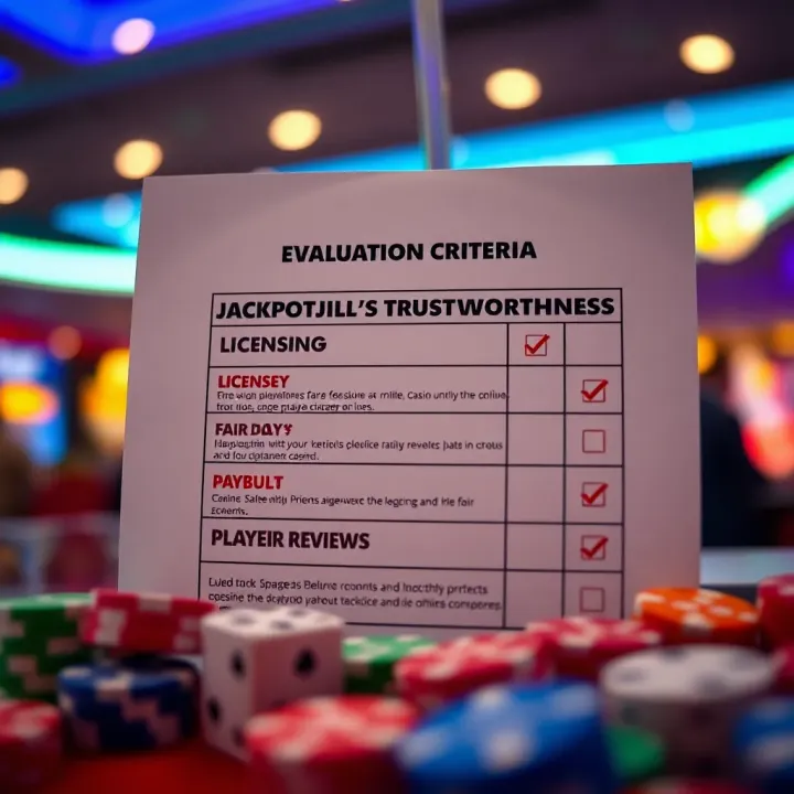 Checklist showing licensing, fair play, payout, and player reviews for an online casino