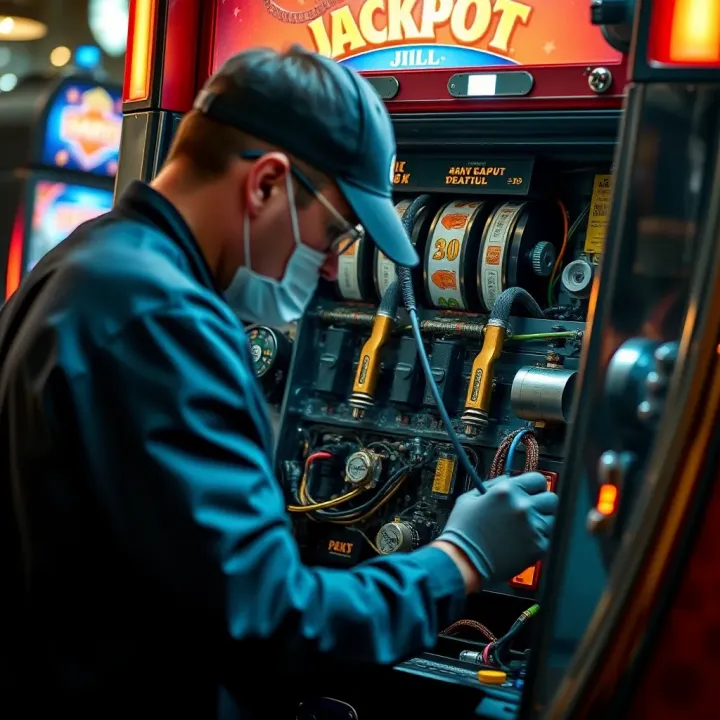 Routine Internal Maintenance for Jackpot Jill Technician performing routine maintenance on the interior components of Jackpot Jill machine