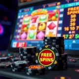 Stack of poker chips and glowing free spins icons on a digital casino background