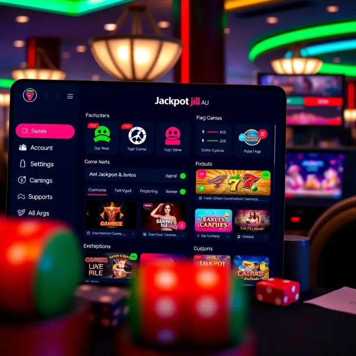 Jackpot Jill AU Dashboard with Essential Features Dashboard overview of Jackpot Jill AU, highlighting key features like account settings, game selection, and support options