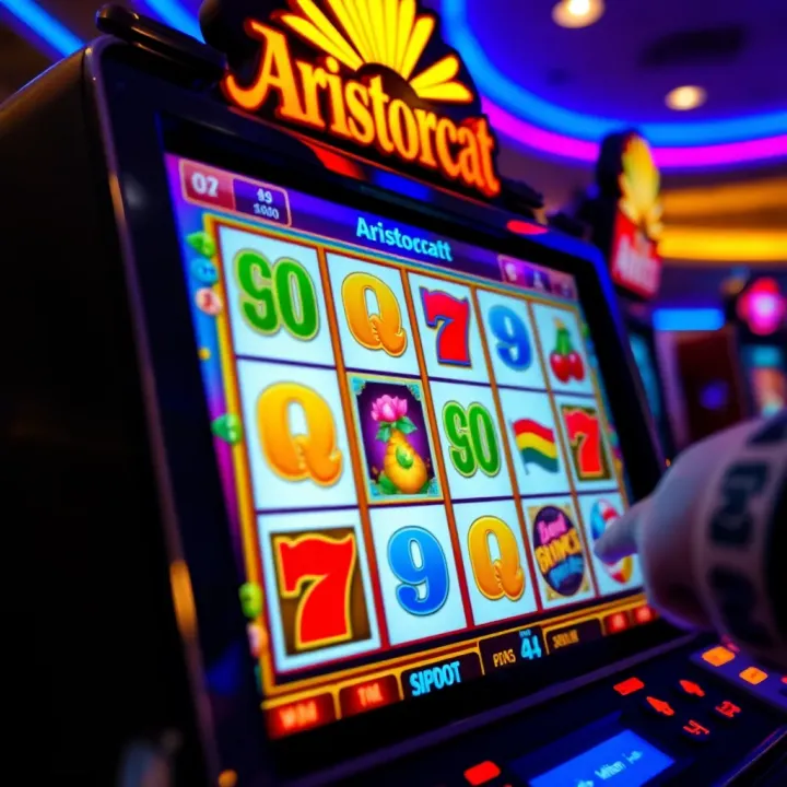 Aristocrat Online Pokies Game Screen Colorful online slot game interface showcasing Aristocrat pokies with vibrant symbols and reels