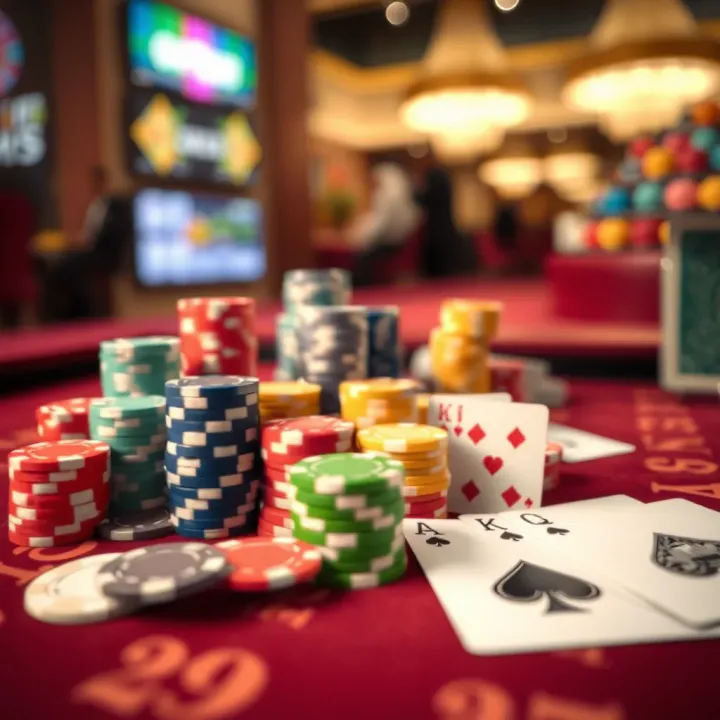 Variety of Games Available at RainBet Casino Australia Colorful gambling chips and playing cards on a casino table