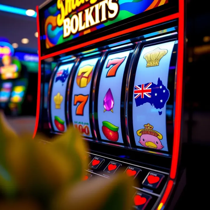 Colorful online pokies interface with reels and vibrant symbols representing Australian-themed game elements
