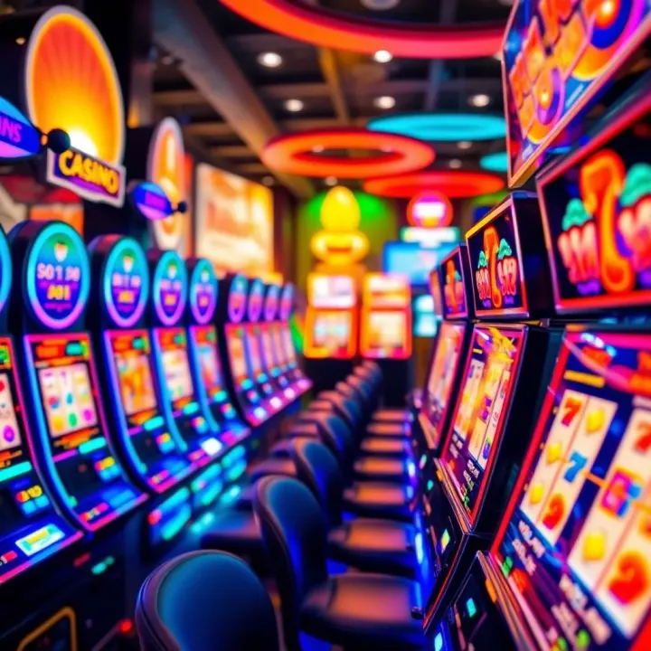 Colorful array of casino slot machines with vibrant lights and spinning reels