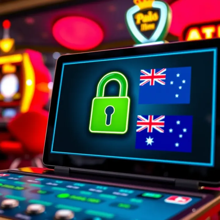 Secure and Trustworthy Online Pokies Platform in Australia Graphic showing secure digital gaming platform with padlock and Australian flag symbols emphasizing trustworthy online pokies