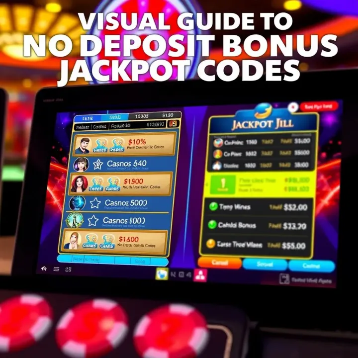 Visual Guide to No Deposit Bonus Codes at Jackpot Jill Graphic showing a virtual casino interface with highlighted no deposit bonus codes