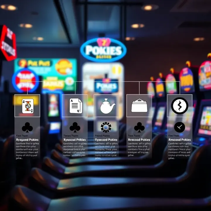 Varieties of Pokies and Key Legal and Responsible Gaming Elements Diagram showing different types of pokies machines along with legal and responsible gaming icons